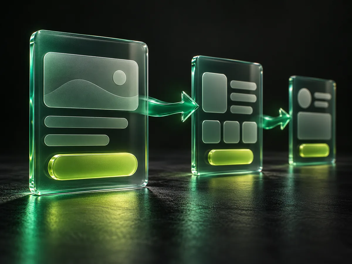 Imagem gerada por IA: interfaces de vidro conectadas por setas verdes, representando um caminho de navegação.
