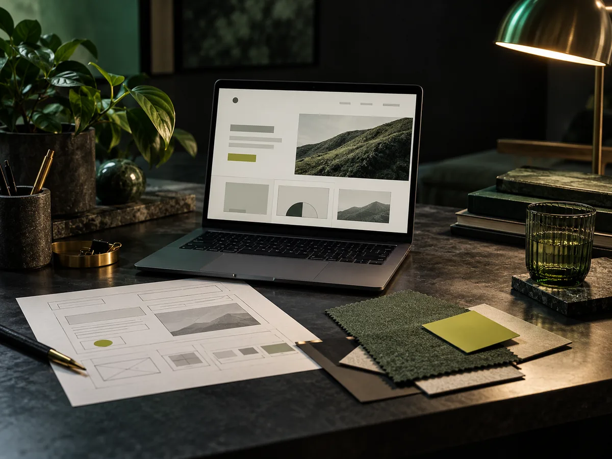 Imagem gerada por IA: notebook com layout de site, esboços e amostras de materiais sobre uma mesa.