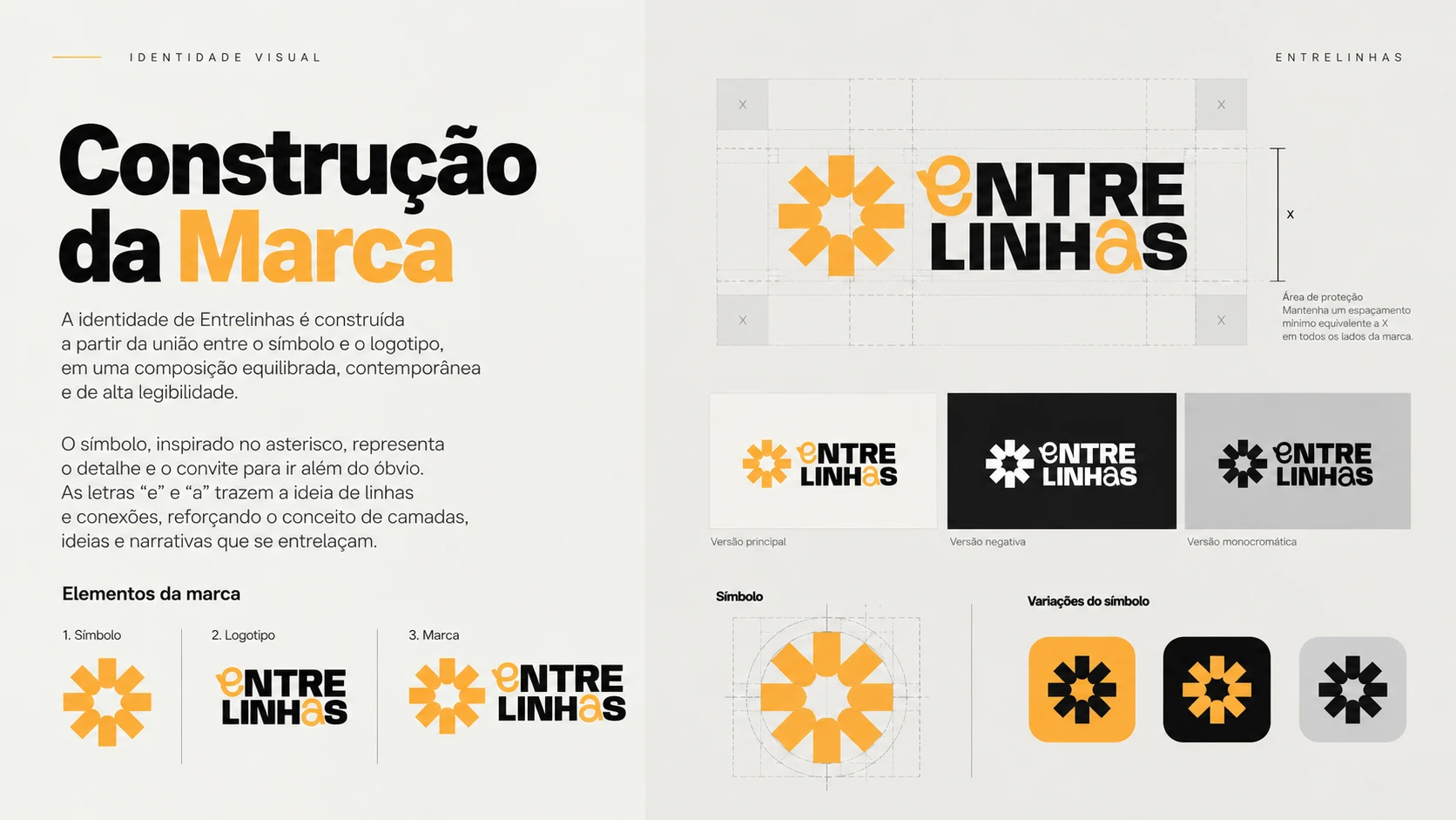 Construção da marca: asterisco de oito módulos, intervenções nas letras e versões principal, negativa e monocromática.
