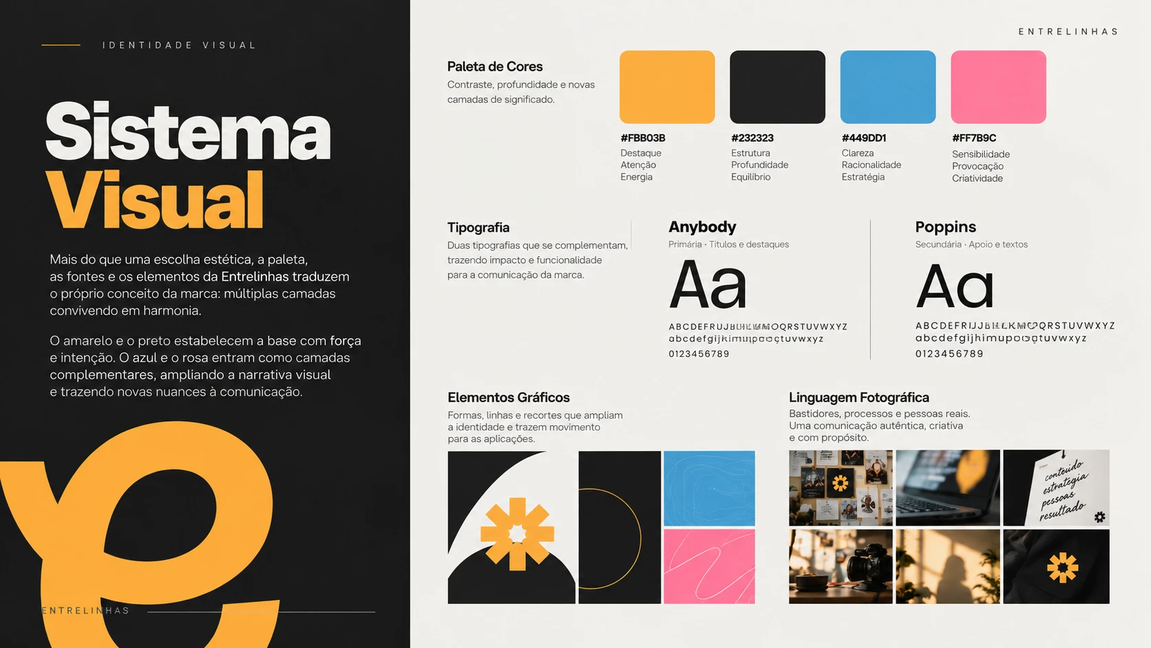 Sistema visual: amarelo, preto, azul e rosa; tipografias Anybody e Poppins; elementos gráficos e linguagem fotográfica.