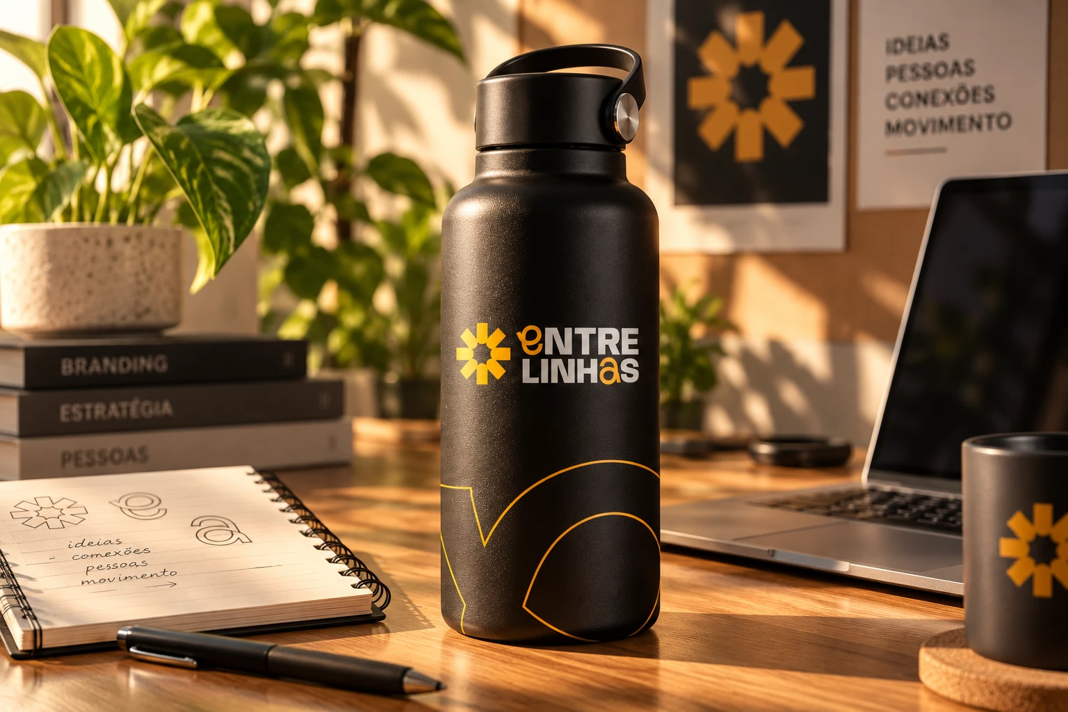 Garrafa preta, caderno e caneca com elementos da identidade visual Entrelinhas.