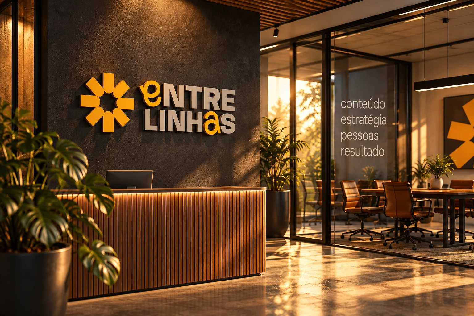 Aplicação do logotipo Entrelinhas na recepção e na sinalização de um ambiente físico.