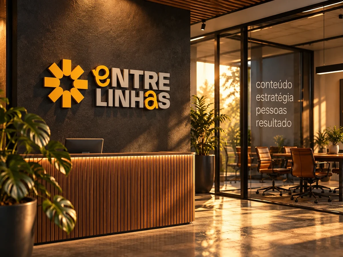 Recepção da Entrelinhas House com a marca na parede e iluminação dourada.