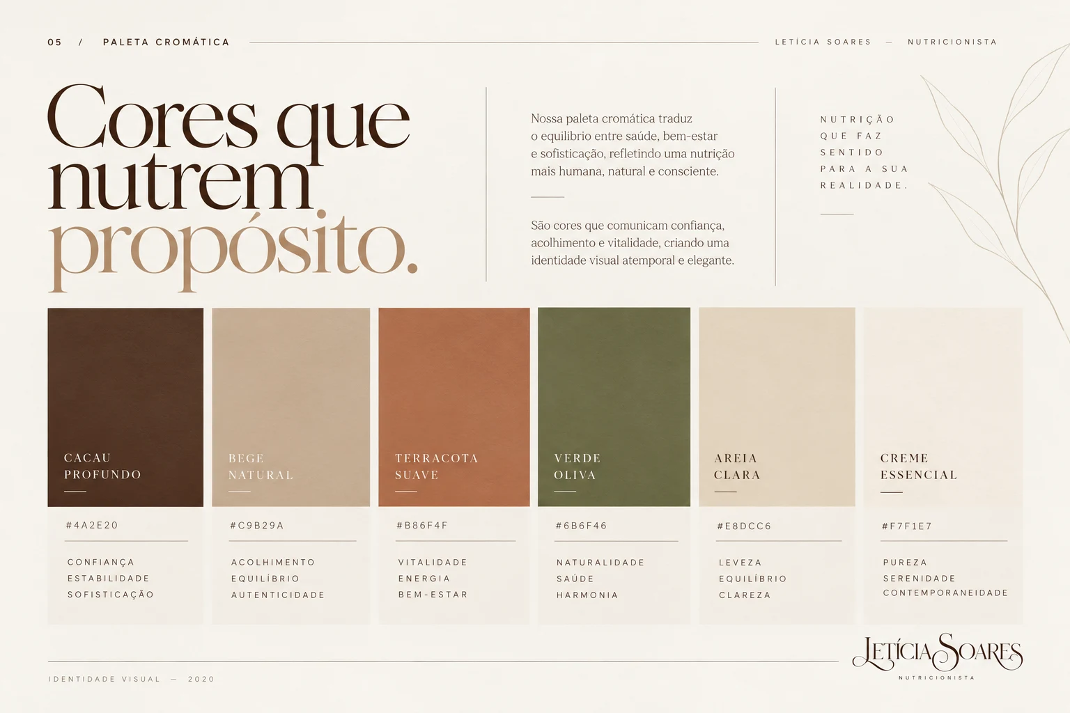Paleta cromática da identidade com tons terrosos, verdes e neutros.