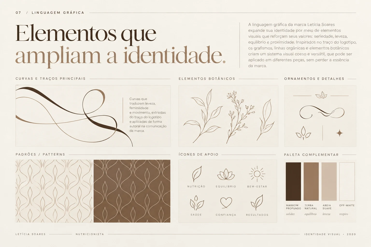 Elementos gráficos orgânicos, linhas fluidas, folhas e padrões da identidade.