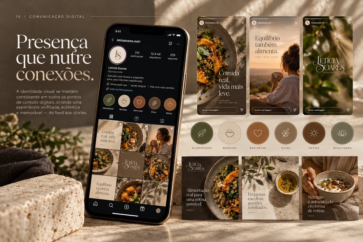 Comunicação digital da nutricionista com aplicações da identidade em redes sociais.
