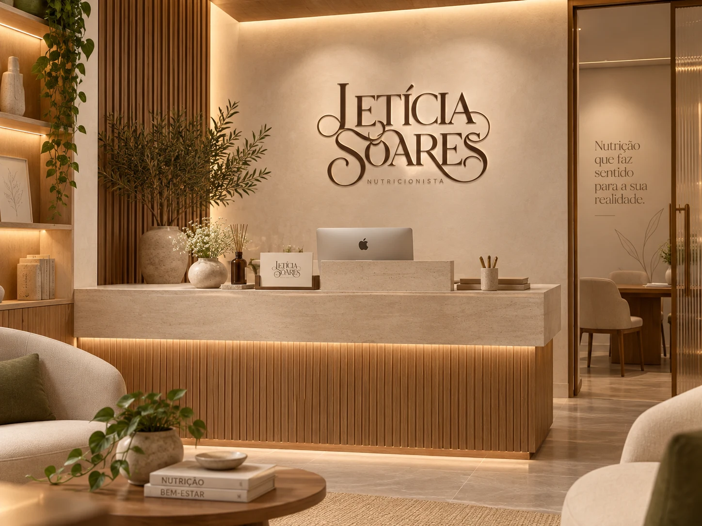 Logotipo Letícia Soares aplicado na parede de uma recepção com iluminação acolhedora.